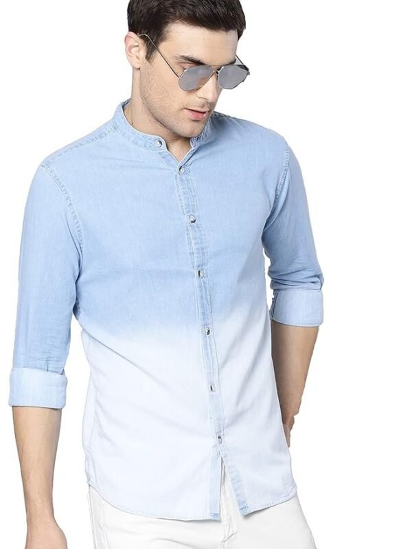 Dennis Lingo Men's Cotton Full Sleeves Cotton Denim Solid Casual Shirt with Mandarin Collar (Light Blue, M)