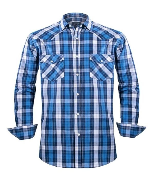 100% Cotton Western Shirts for Men with Snap Buttons Casual Shirts for Men Long Sleeve Regular Fit,Blue White Check 017,X-Large