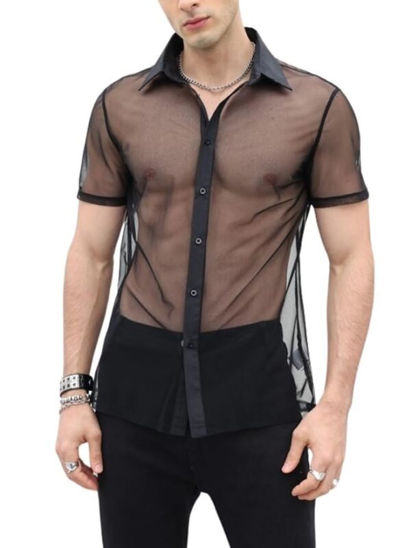 Verdusa Men's Sheer Mesh Button Up Shirt See Through Short Sleeve Top
