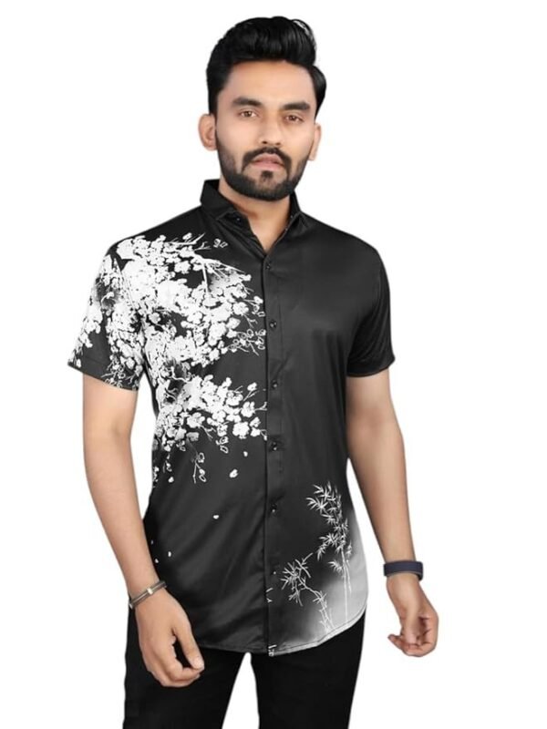 Men's Casual Short Sleeve Shirt, White with Bamboo and Floral Print, Regular Fit Placement Printed Lycra Shirt