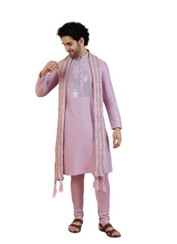 KISAH Men Onion Pink Embellished Kurta Churidar Dupatta Set with Mirror work