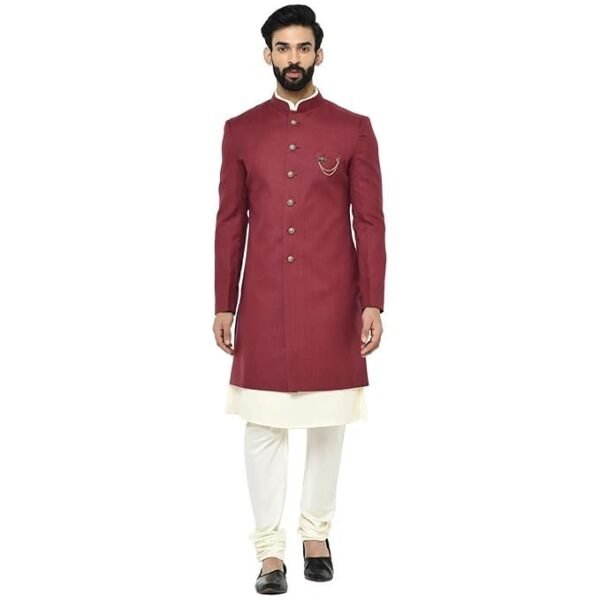 KISAH Men Maroon Solid Kurta Indo-Western Sherwani Set Indo-Western, Full Sleaves, Knee Length, Straight, Regular Fit, Mandarin Collar Ethnic wear