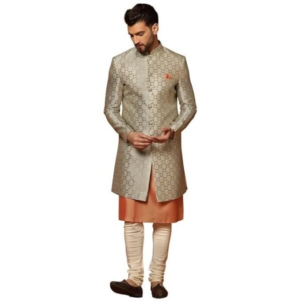 KISAH Men's Grey and Orange Indo-Western Kurta Sherwani Churidar Set Cotton Full Sleaves, Knee Length, Straight, Regular Fit, Mandarin Collar Ethnic Wear