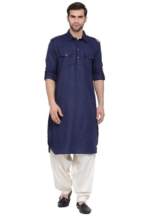 VASTRAMAY Men's Cotton Blend Pathani Kurta Set || Stylish Pathani Style Kurta with Roll Up Sleeves and Relaxed Fit Patiala Salwar