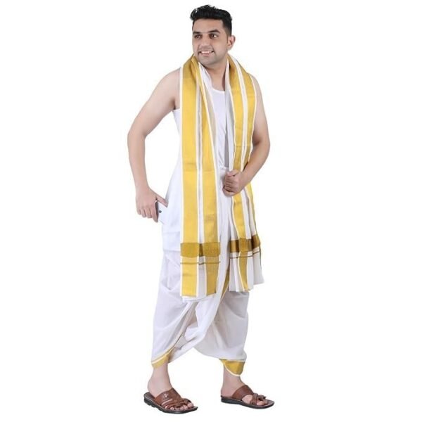 PRAKASAM COTTON Men Cotton Panjakejam (Ready To Wear) Casual Style Dhoti Towel Set With Pocket