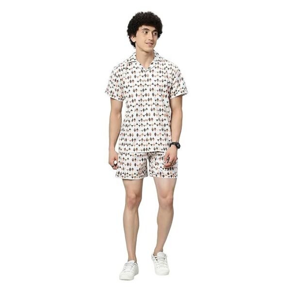 GLOBALRANG Men's Printed Pajama Set/Co-ord Set/Night Wear/Beach Wear (Cream, Large)